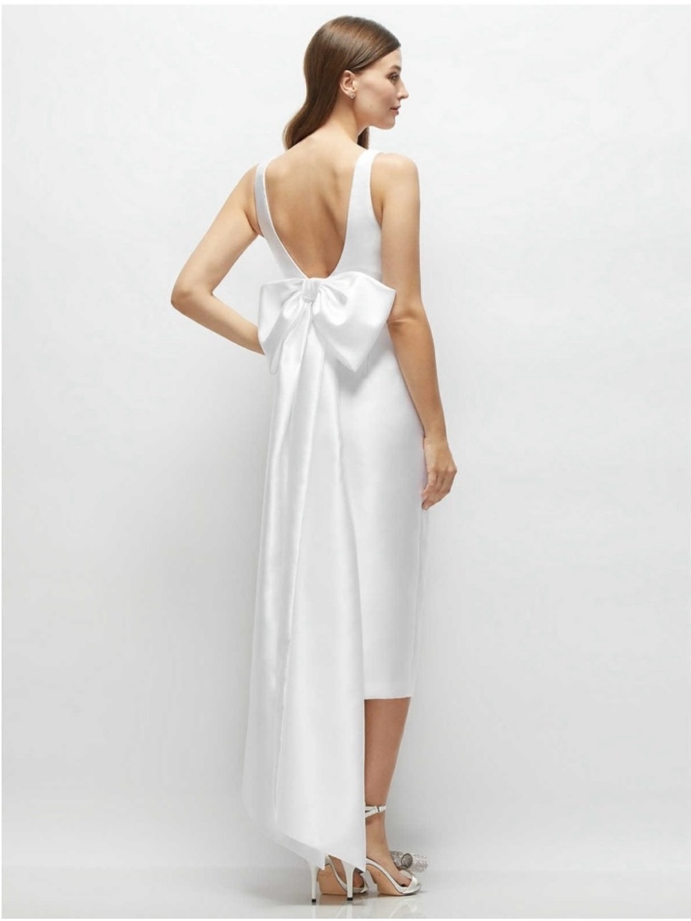 Dessy Collection White Satin Bow-Back Midi Dress-NWT